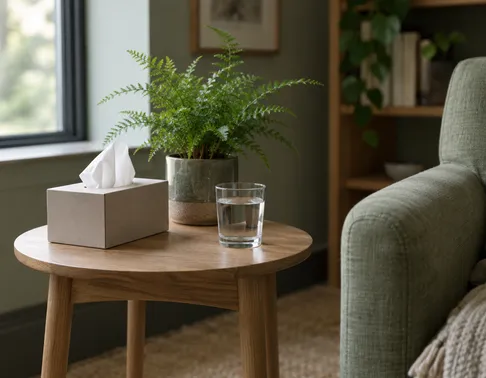 A side table with tissues, a glass of water and a small fern