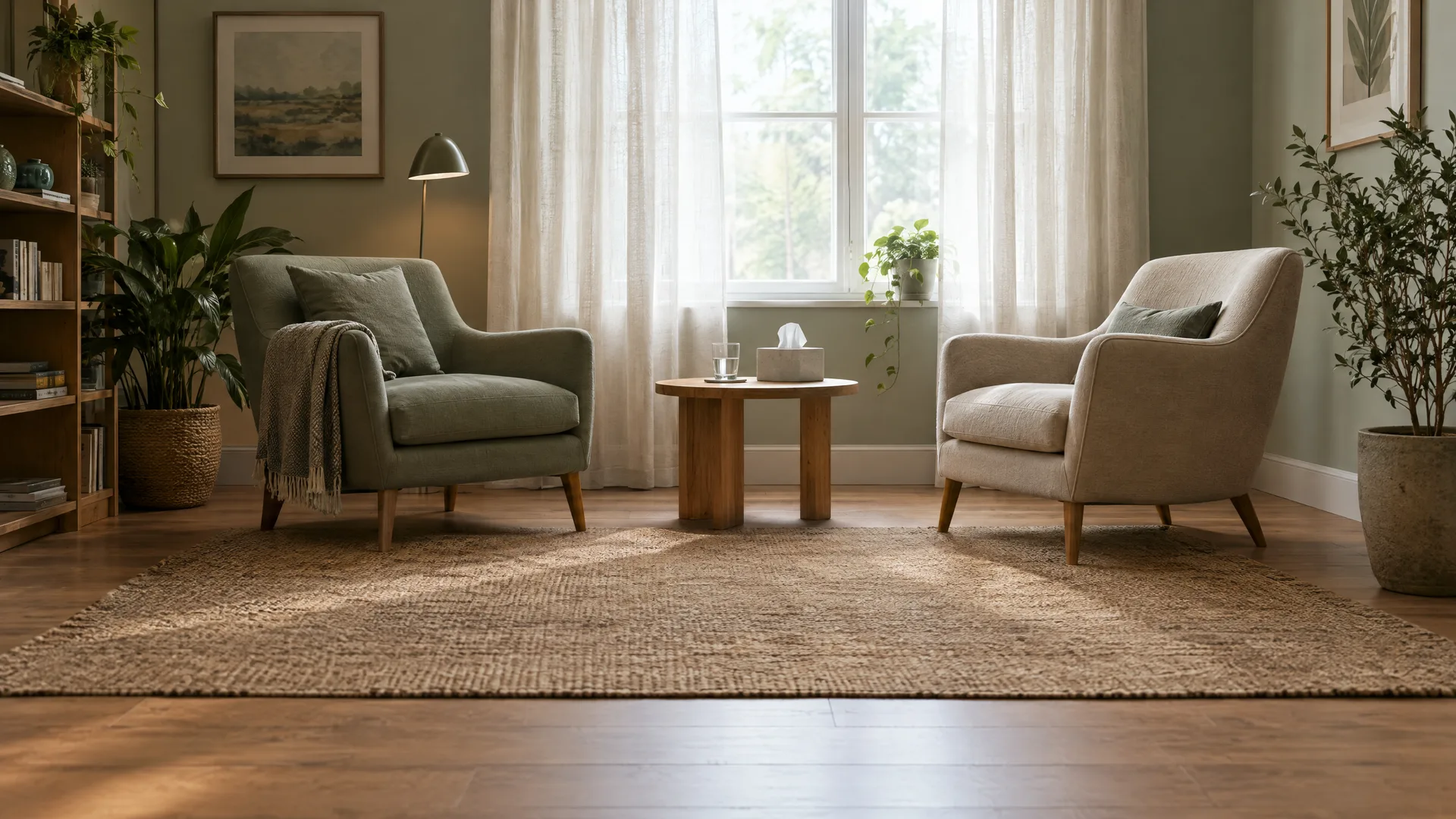 A quiet counselling room with two linen armchairs, plants and a tall window