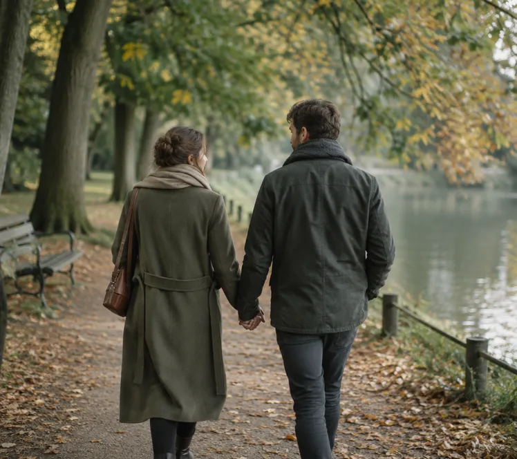 A couple walking together along a tree-lined park path