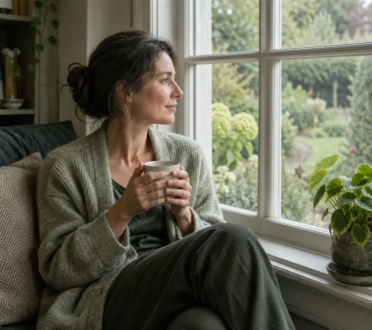 A woman sitting in a window seat at home with a mug of tea