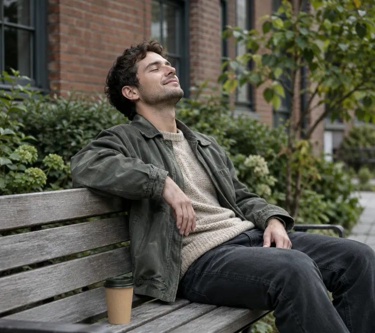 A man resting on a bench outside, face turned up to the light